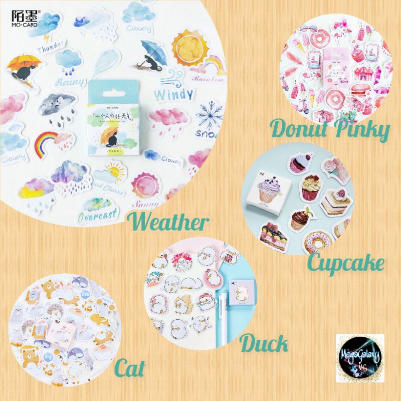 46/45Pcs Stiker Box Motif Cute Animal Donut Weather Scrapbook Jurnal Diary