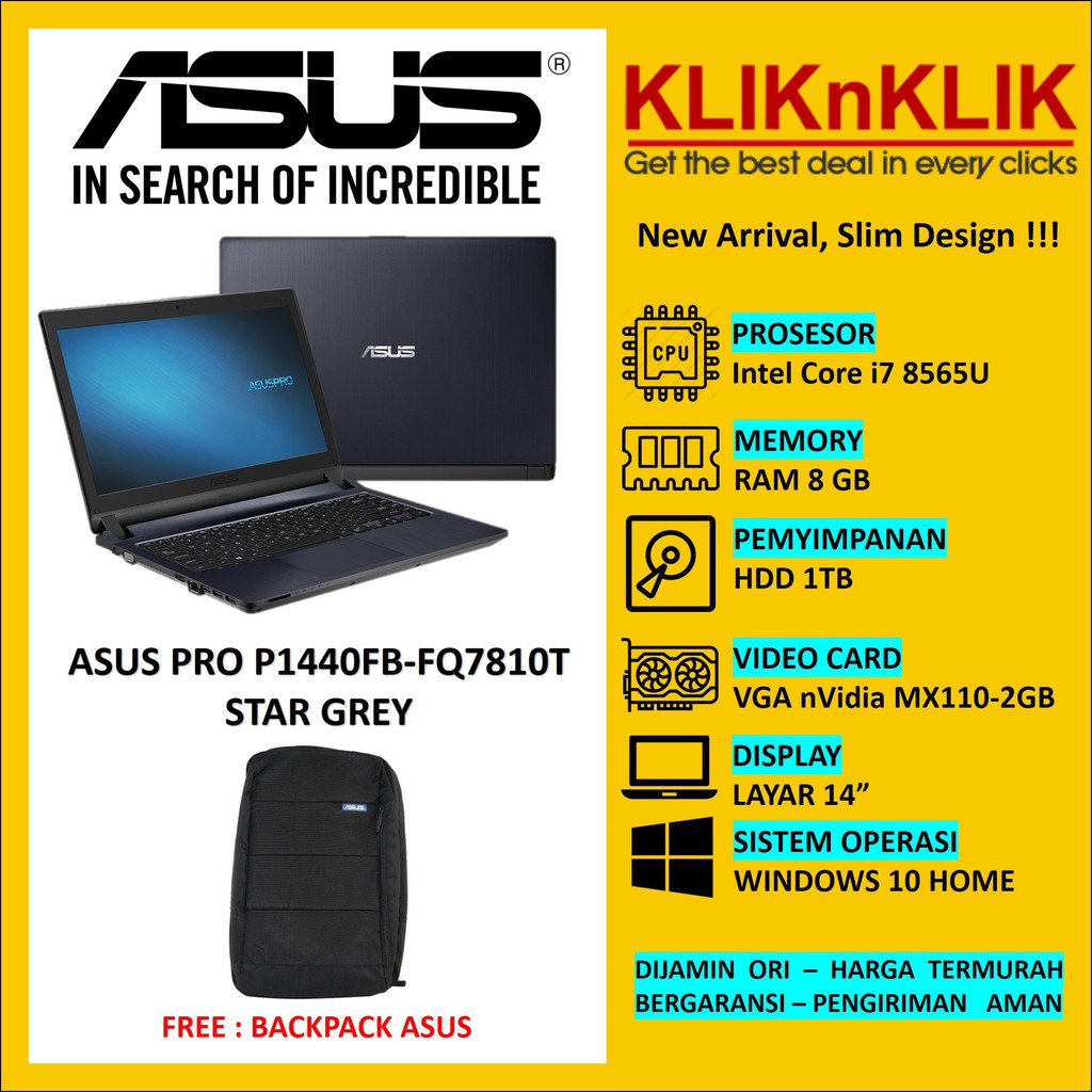 LAPTOP ASUS PRO P1440FB-FQ7810T STAR GREY INTEL CORE i7-8565U RAM 8 GB 1TB MX110-2GB WIN 10 HOME