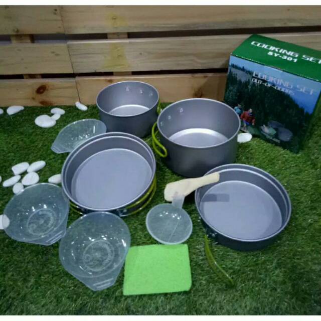 【Bisa COD】 Nesting Cooking Set 3 Susun 4 Orang + Teko | Alat Masak Portable SY DS 308 301 300