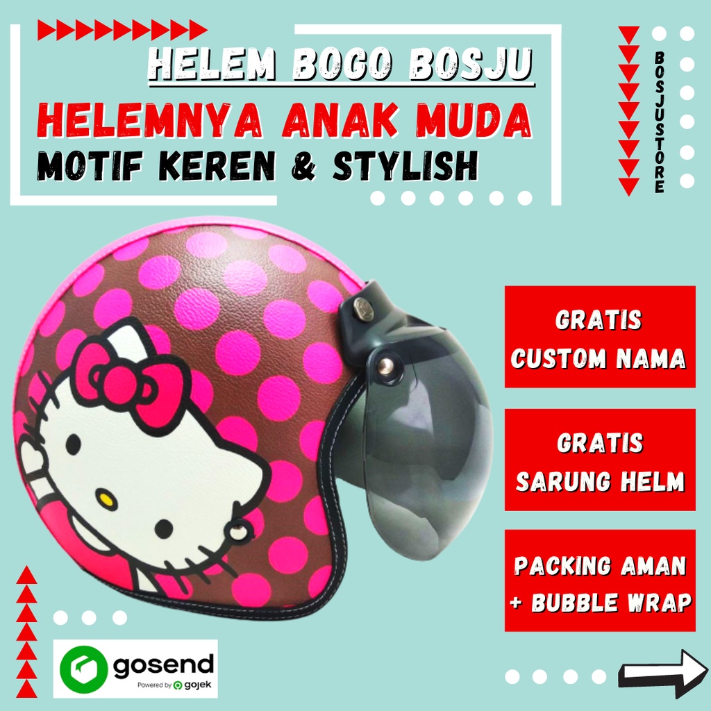 HELM BOGO RETRO KULIT WANITA DEWASA KACA DATAR KLASIK MOTIF HELLO KITTY PINK LUCU - HELEM BOGO BOSJU
