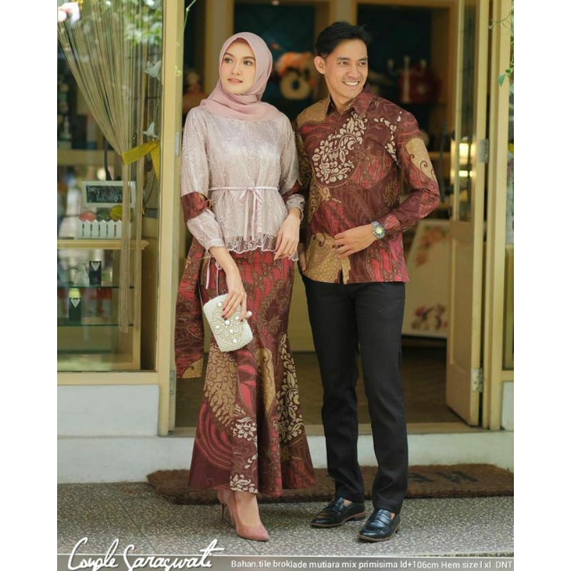 pakaian batik couple sarimbit saraswati kemeja panjang dan kebaya brukat