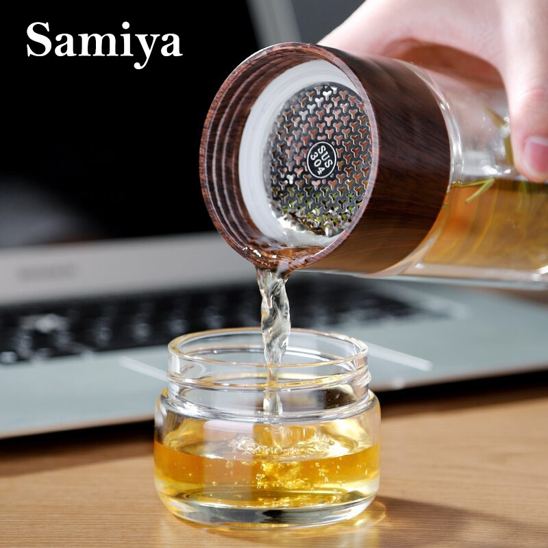 tumbler teapot infuser wooden handle / tea pot infuse water botol minum kaca double wall handle kayu ( menerima custom LOGO )