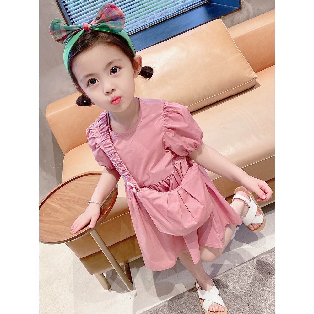 Baju Dress Anak Perempuan Polos  Lengan Pendek Packet Mini Tas Gaun Lucu Style Fashion Import