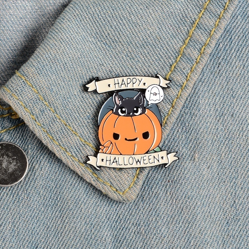 Bros Pin Enamel Desain Labu Halloween Kucing Hitam Dan Hantu Untuk Pria Dan Wanita