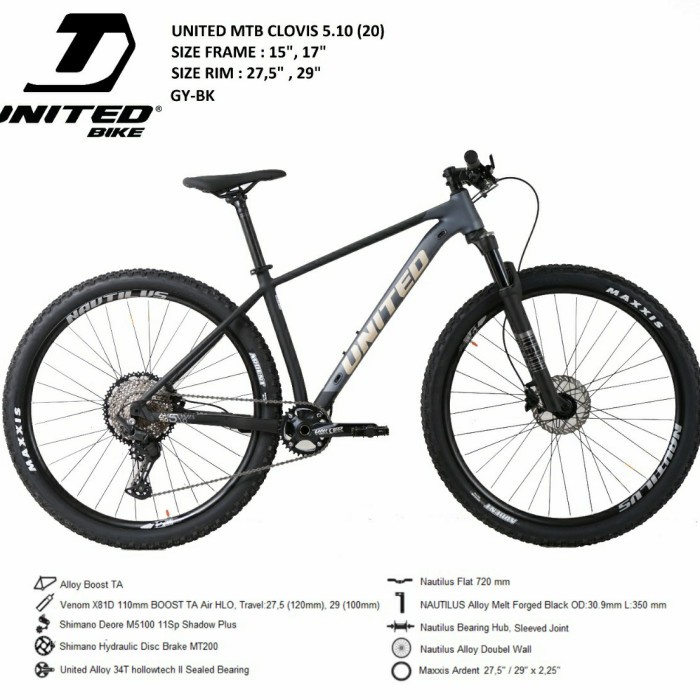 Sepeda Gunung MTB United Clovis 5.10 Deore 11 Speed Hydraulic - Grey Black