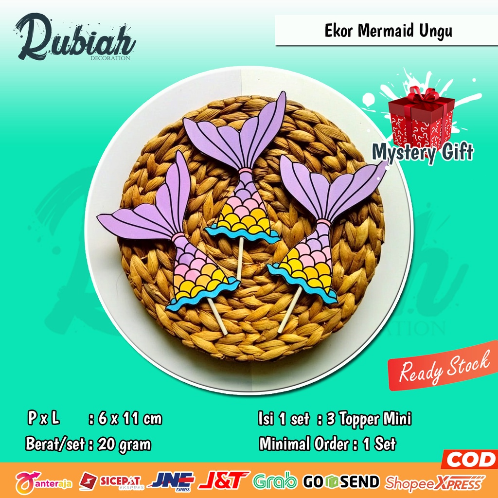 Banner Topper cake Hiasan Tusukan Kue Tart Ulang Tahun Anak Ekor Mermaid Ungu