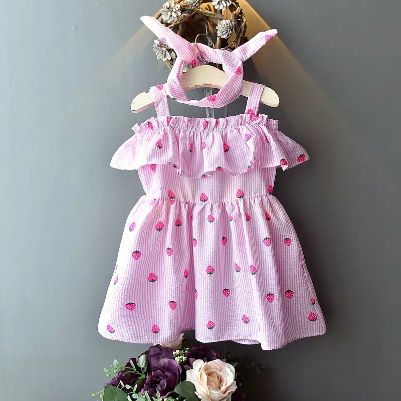 Dress Anak Perempuan Ruffle Tanpa Lengan Motif Strawverry+Gratis Bandana