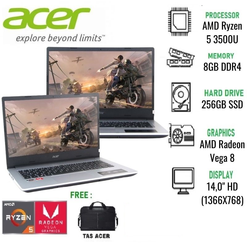 ACER ASPIRE 3 SLIM A314-22 - RYZEN 5-3500U - 8GB - 256GB SSD - 14"HD - AMD VEGA 8 - PURE SILVER (R0HR)
