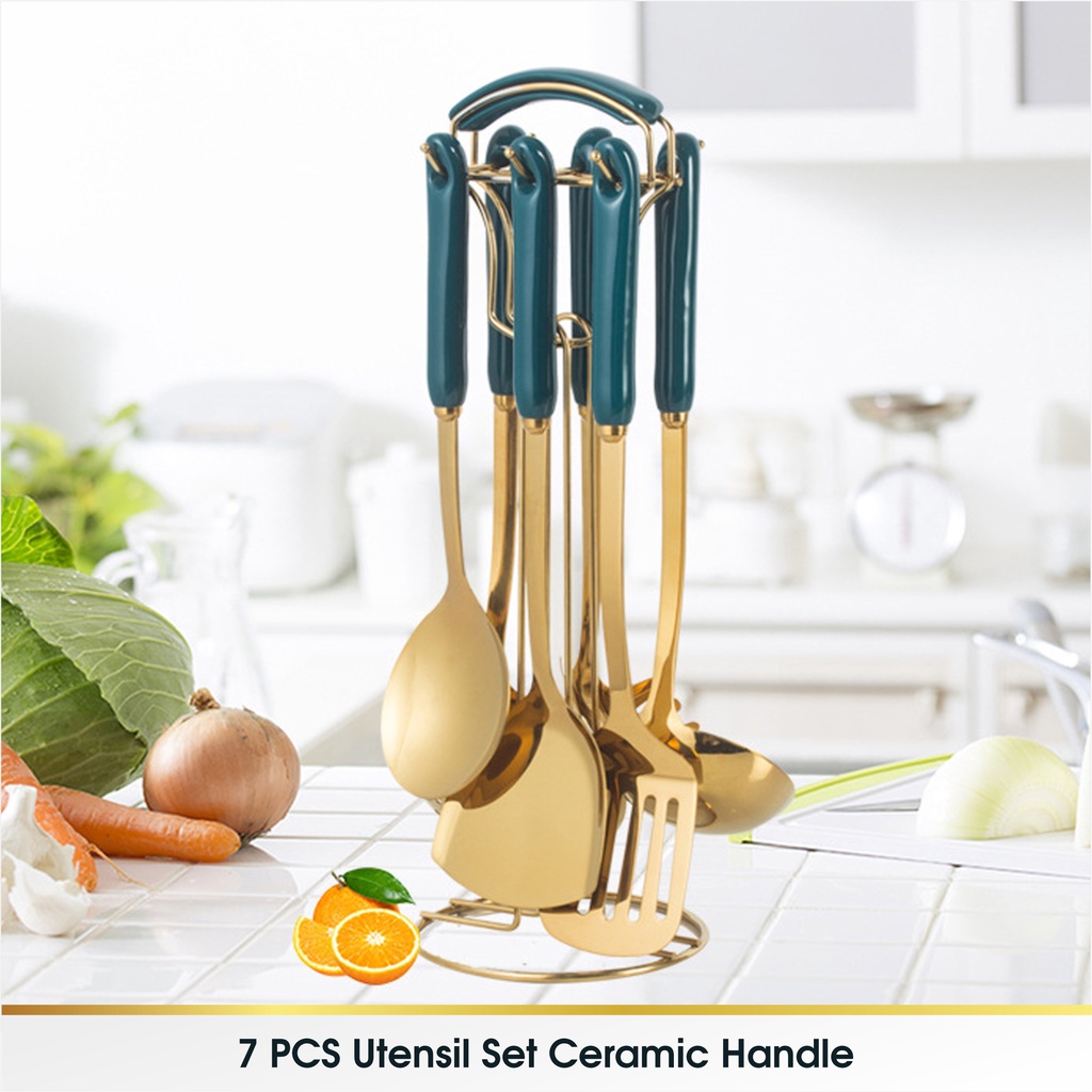 7 Pcs ﻿Ceramic Gold Handle Utensil Spatula Sutil Stainless Steel Set Keramik Mewah Cantik