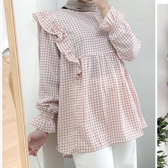 [ARFA STYLE] NOE BLOUSE - Atasan Wanita Motif Kotak Model Terbaru 2021 - MURAH/Bisa COD-Pink