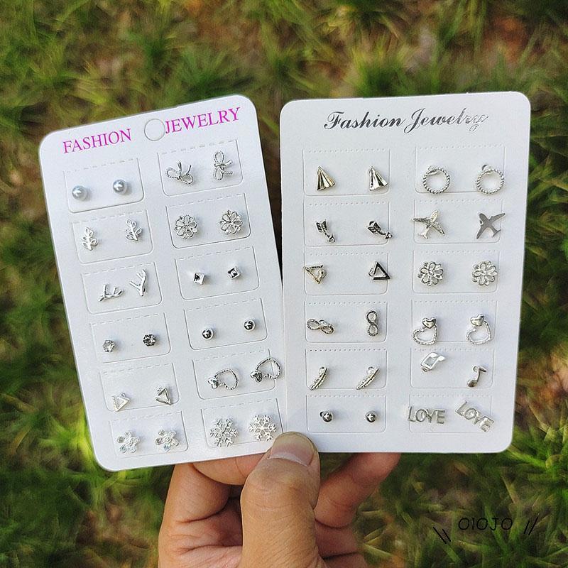 【COD】12 Pasang / Set Anting Tusuk / Stud Model Campur Bahan Silver Untuk Wanita