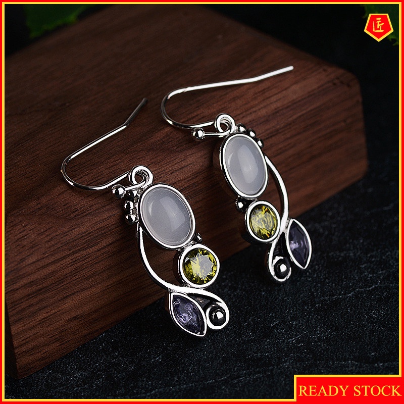 [Ready Stock]Fashion Elegant 925 Silver Moonstone Colored Gems Earrings