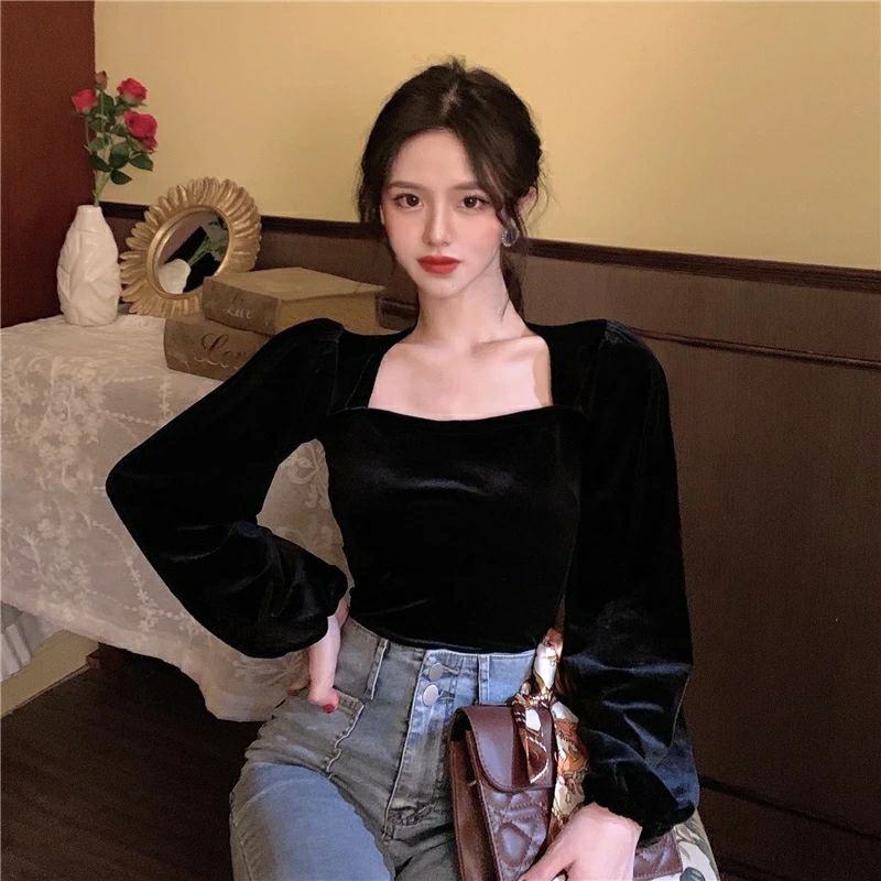 Black Velvet Blouse Top (Size S/M/L/XL)/Casual Square Neck/Velvet Top/Korean Velvet Blouse