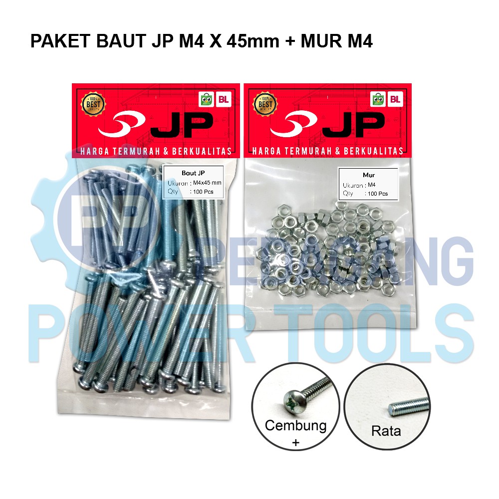 PAKET 2 SET BAUT MUR 4x45 BAUT JP M 4 x 45 MM MUR M4 SKRUP ISI 100 PCS