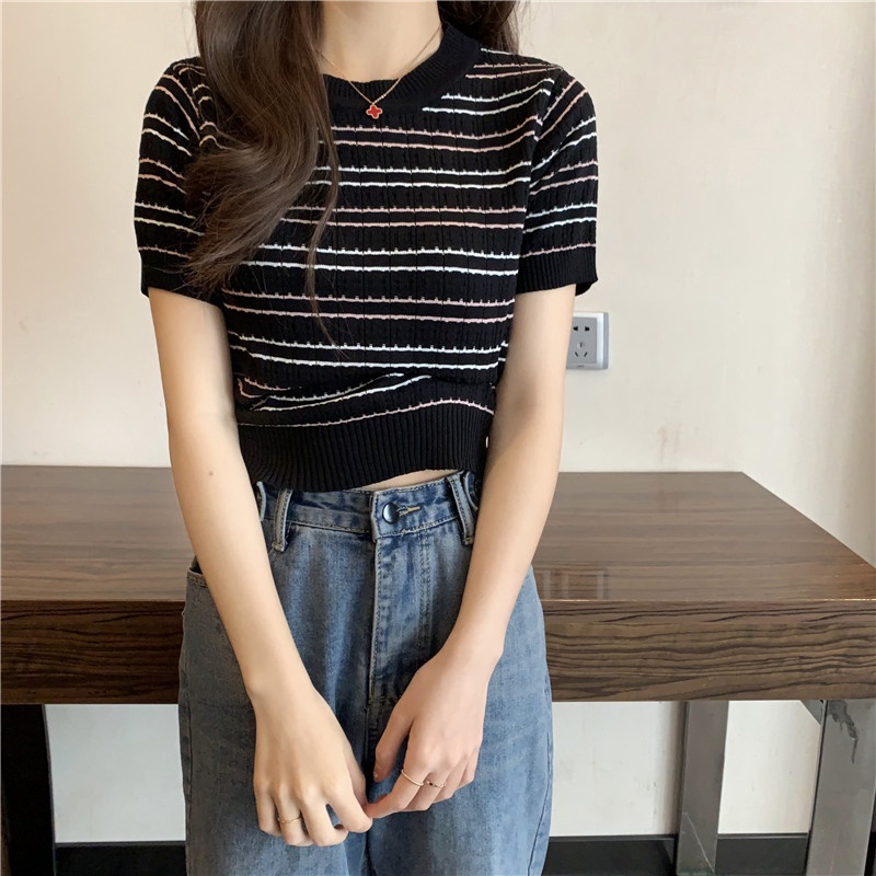 Kaos Rajut Lengan Pendek Wanita Knit T-shirt Baju Atasan Putih Korean Style