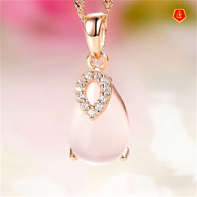 [Ready Stock]Silver Necklace Women's Pink Crystal Lucky Stone Pendant Simple and Elegant