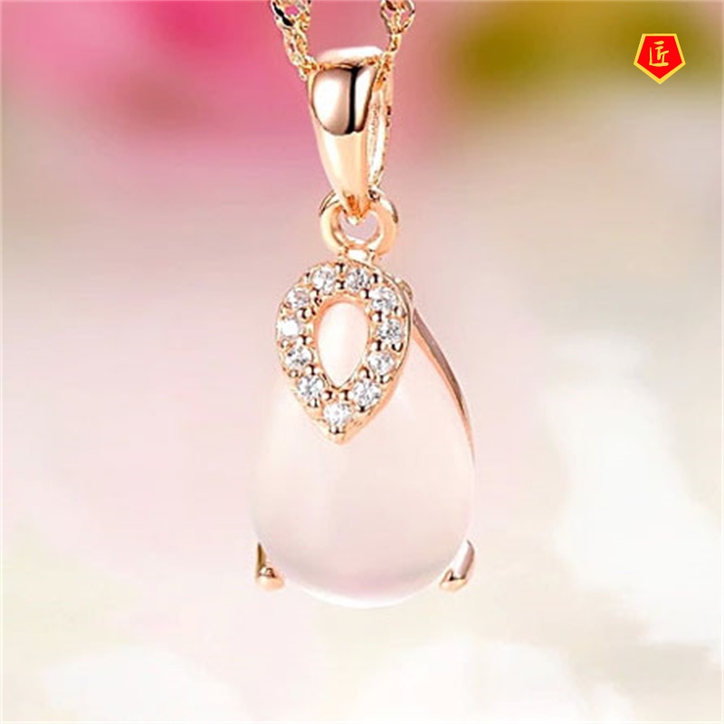 [Ready Stock]Silver Necklace Women's Pink Crystal Lucky Stone Pendant Simple and Elegant