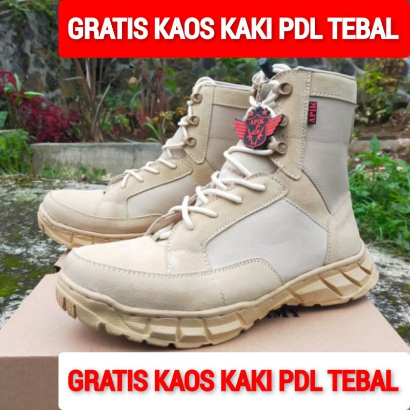 SEPATU PDL CREAM GURUN 6 INCI BAHAN KULIT SAPI ASLI MERK APIK SEPATU PDL DINAS LAPANGAN SATPOL PP PNS KEMENHAN