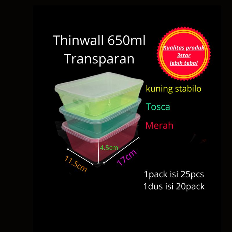 Thinwall 650ml Warna Transparan kotak makan plastik (satuan)