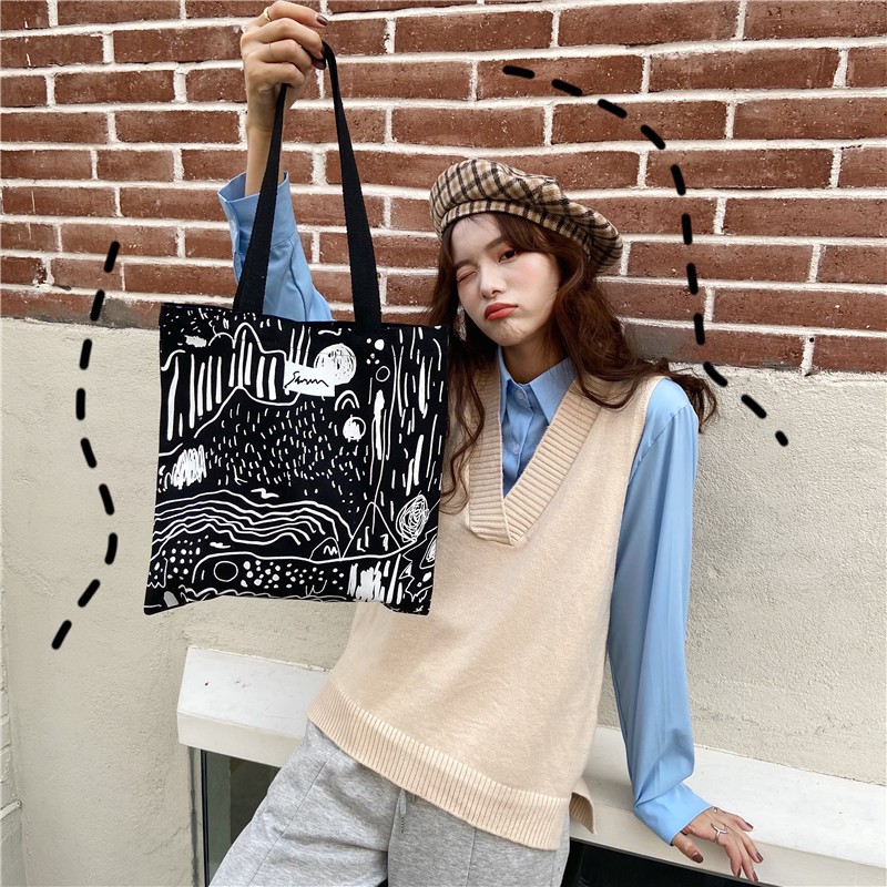 TC-94 tas canvas kanvas tote bag wanita line mountain import korea jepang high quality