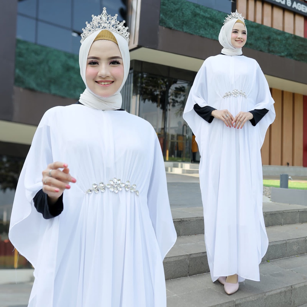 Kaftan Dress Baju Gamis Brukat Tile Remaja Dewasa Seragam Pesta Wanita Muslim - White Putih Terbaru 