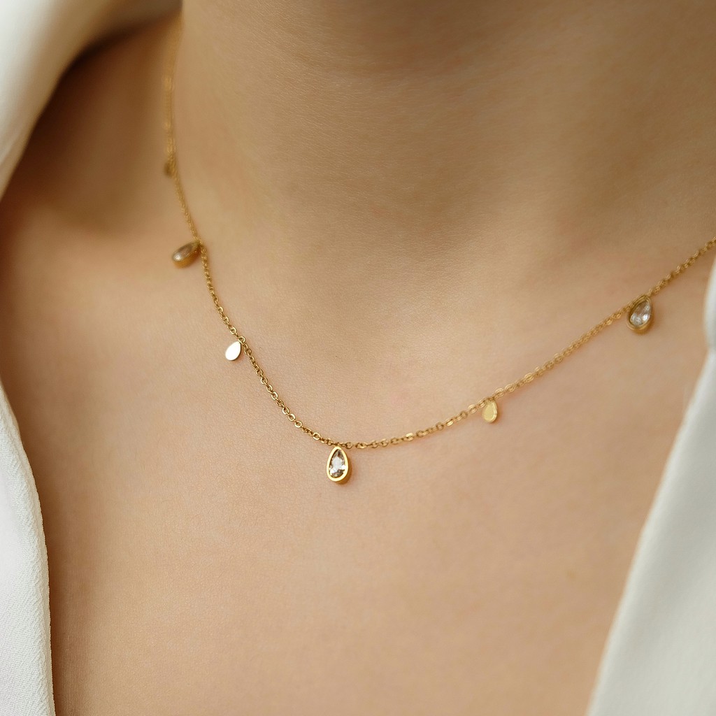 Dainty Teardrop Zirconia Necklace — 18K Gold Plated Stainless Steel Kalung Rantai Anti Karat