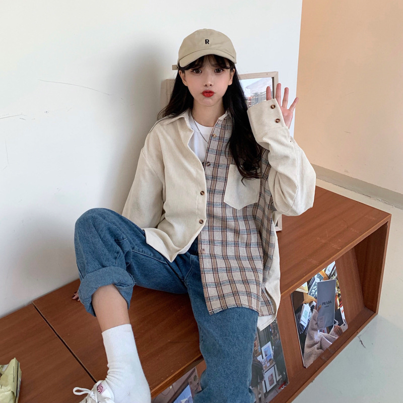 Kemeja Wanita Desain Gaya Korea Longgar Corduroy Kotak Kotak Kemeja Lengan Panjang Shopee Indonesia