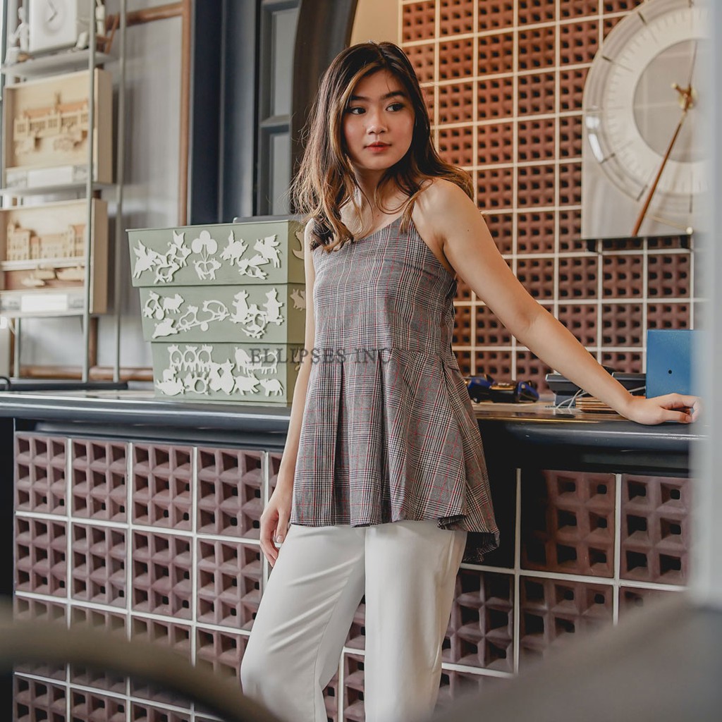 ELLIPSESINC Atasan Tank Top Kotak Strappy Houndstooth Tank