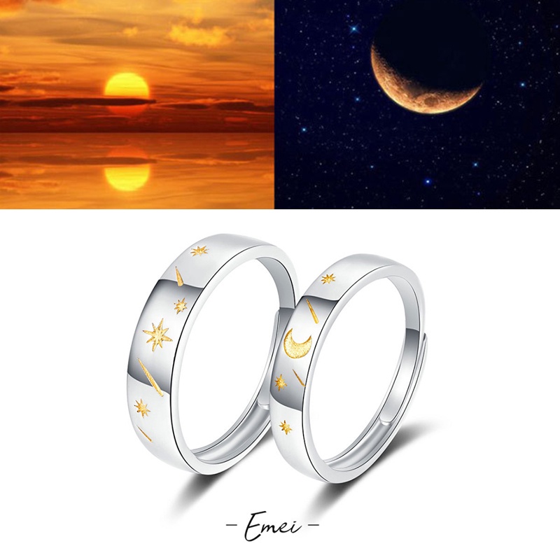 [ACKER] S925 Sterling Desain Bulan / Matahari Bintang Meteor Perak Dengan Set Cincin Yang Dapat Disesuaikan Untuk Pasangan