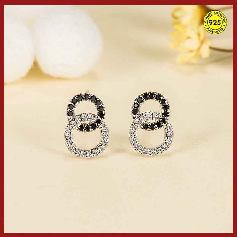 Anting Tusuk Sterling Silver 925 Desain Lingkaran Kecil Hias Zircon Hitam Putih Untuk Wanita