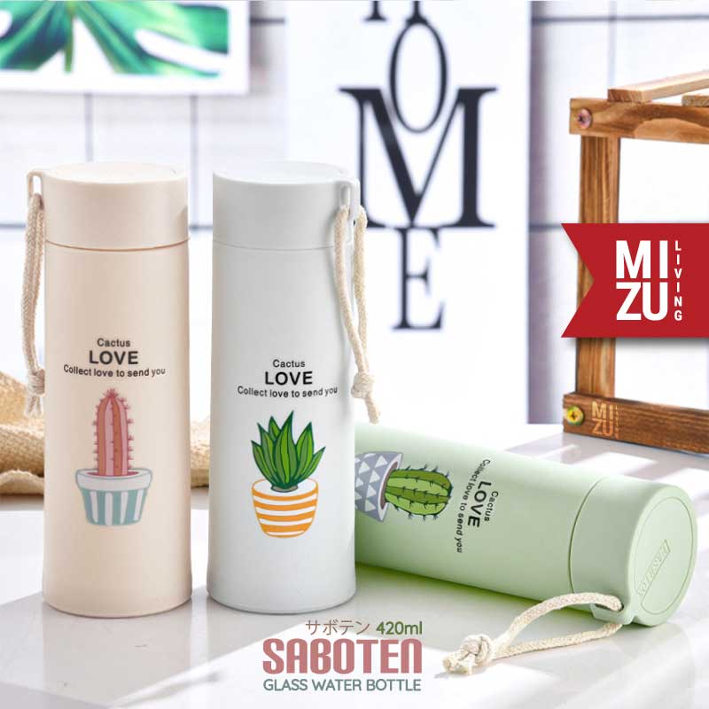 MIZU SABOTEN Glass Water Bottle Botol Air Minum Kaca BPA-Free Tumbler Kaktus