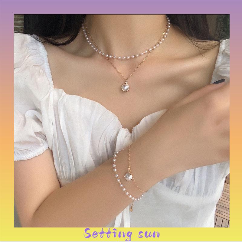 Fashion Retro Mutiara Logam Gaya Korea Kunci Kalung Multilayer Liontin Wanita Rantai Emas Kalung TN