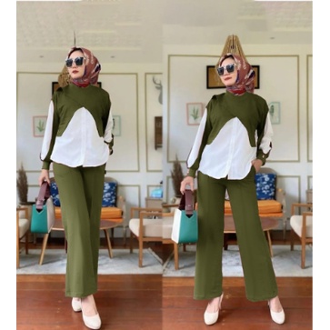Baju Stelan Celana Panjang Setcel One Set Wanita Muslimah Dewasa Remaja Modern Lebaran Simple Modis 