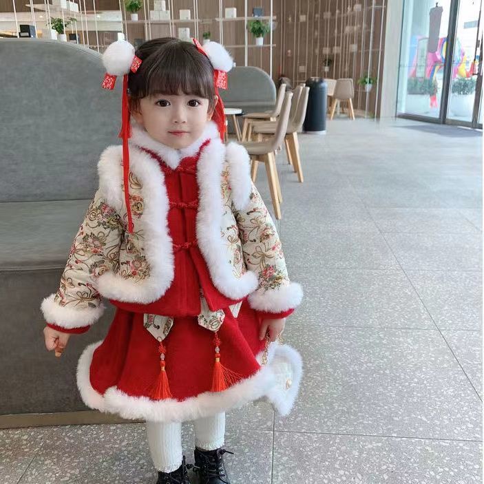 Hanfu girls' Tang costumes Winter Chinese style children's cheongsam Han Chinese clothing suits thic