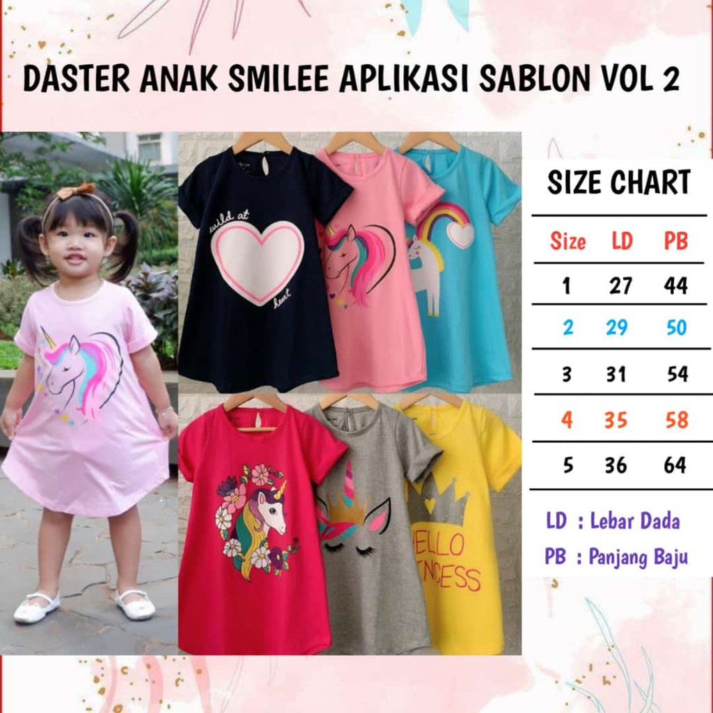 Daster Anak Smilee Sablon Vol 2 Size 1-5Tahun/ Dress anak perempuan Lucu CBKS S24