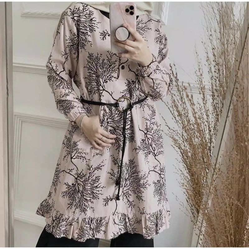 ELLA TUNIK Tunic Motif Rempel Bagian Bawah Wolfis premium All Size Free Belt