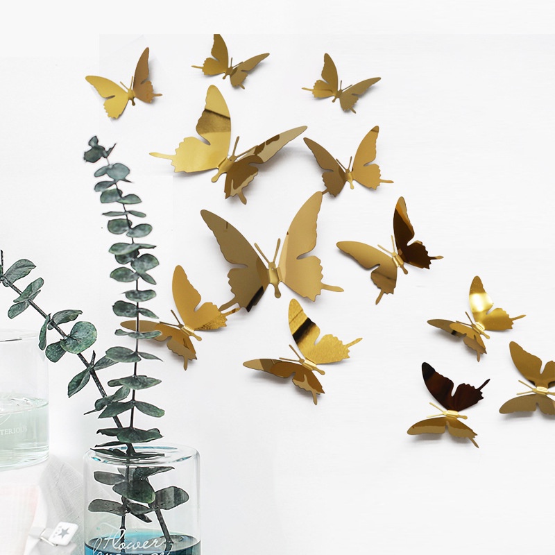 12pcs / set Stiker Dinding Decal Desain Kupu-Kupu 3D Dengan Efek Cermin DIY Butterfly