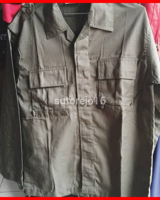 seragam baju setelan pdl lengan panjang kempol hijau lumut bahan drill satpol pp menwa