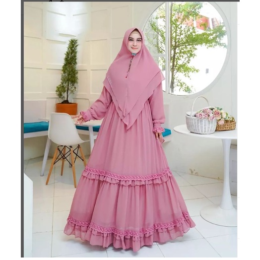 KINARA SYARI BO Bahan CERUTY BABYDOLL FULL PURING MIX RENDA LD 110 CM PJ 138 CM  SYARI WANITA TERBARU 2023 KEKINIAN GAMIS SYARI WANITA TERBARU SET KHIMAR GAMIS SET MURAH VIRAL