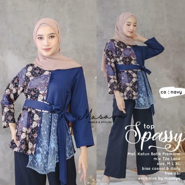 [PREMIUM] Top Spassy Navy Batik Ziggy Tali Atasan Batik Blus Kombi Modern Kerja Seragam Kantor