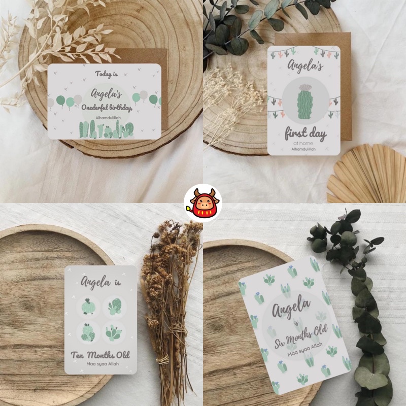 New Design Muslim / non muslim Premium Baby Milestone Card free custom name card cactus pastel themed best seller limited edition baby girl and boy