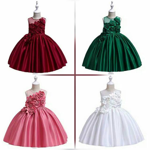 Dress anak  sz 4 8th baju  pesta  anak  perempuan gaun satin  