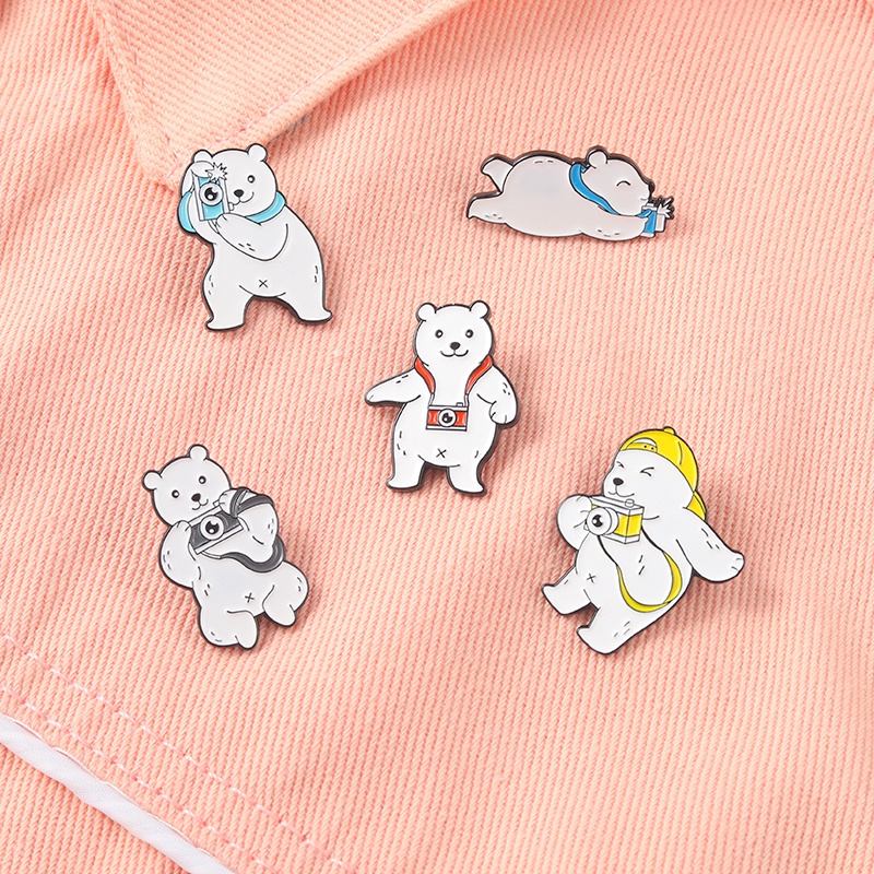 Cartoon White Bear Photo Enamel Lapel Pin Cute Bear Photo Animal Badge Brooch Backpack Jewelry Collection Gifts for Friends