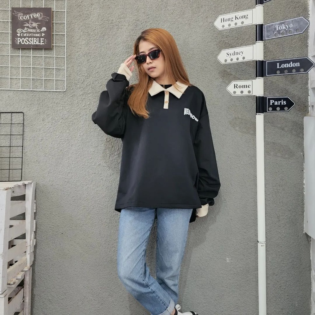 NEVER HOW COLAR 2XL Sweater Crewnewck Pria Wanita Oversize Kekinian Outerwear Bigsize Ala Korean Outfit Kasual Kekinian