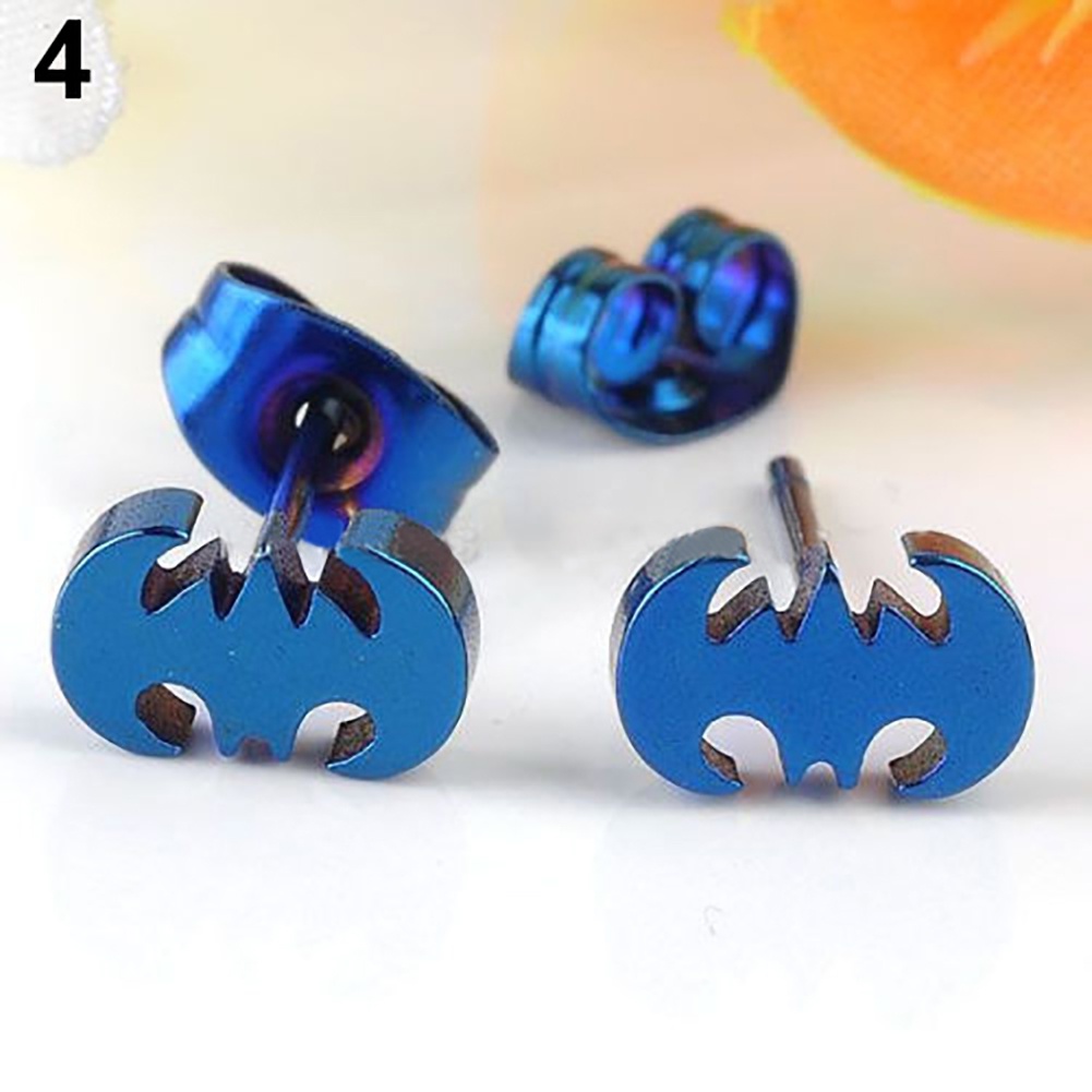 Hu Hu Hu Hu Hu Alat Bantu Pasang Kacamata♡ Anting Stud Desain Kelelawar Bahan Stainless Steel Gaya Punk Untuk Pria Dan Wanita