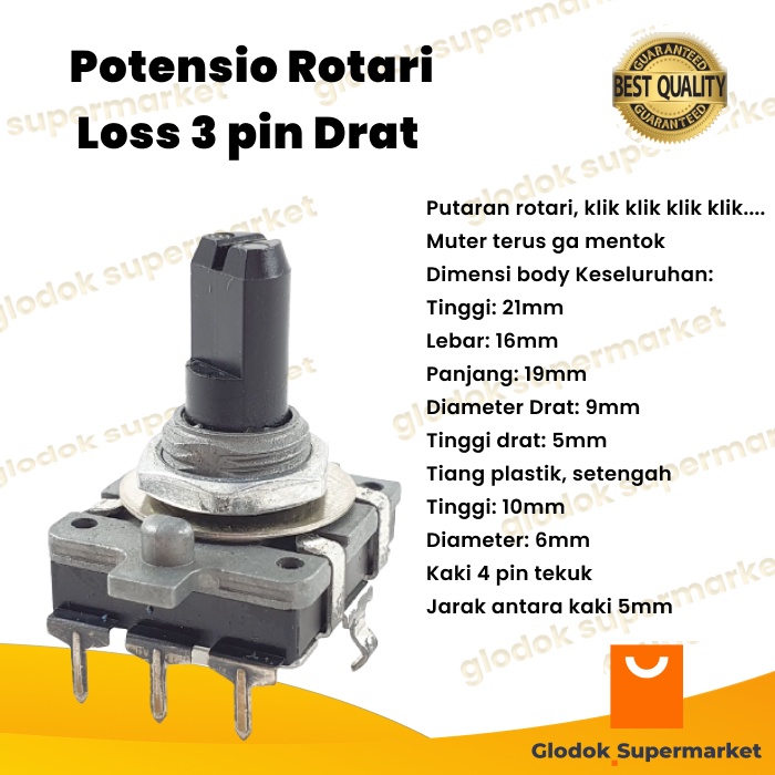 Potensio Rotari Loss 3 pin Drat Mono Kaki 3 Tekuk Rotary Klik