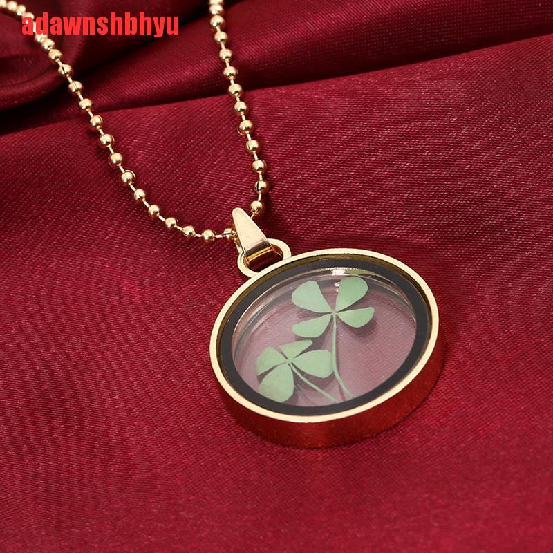 [adawnshbhyu]Natural Real Dried Clover Flower Clear Resin Locket Pendant Necklac