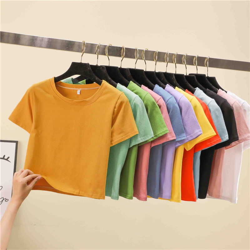 13 Warna Tanaman Top T-Shirt Wanita Solid O-Leher Lengan Pendek T-Shirt untuk Wanita Tinggi Pinggang Slim Pendek Olahraga Blanc Femme t-Shirt