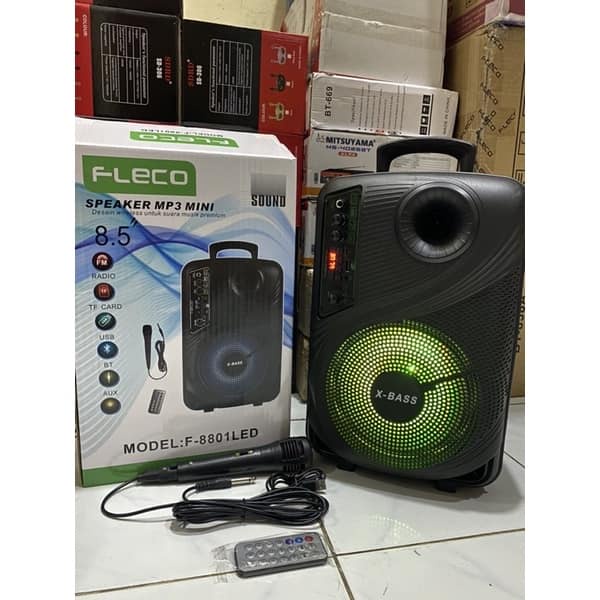 Speaker Bluetooth Karaoke Fleco F-8801 LED 8,5 Inch Gratis Microphone+Remote Super Bass