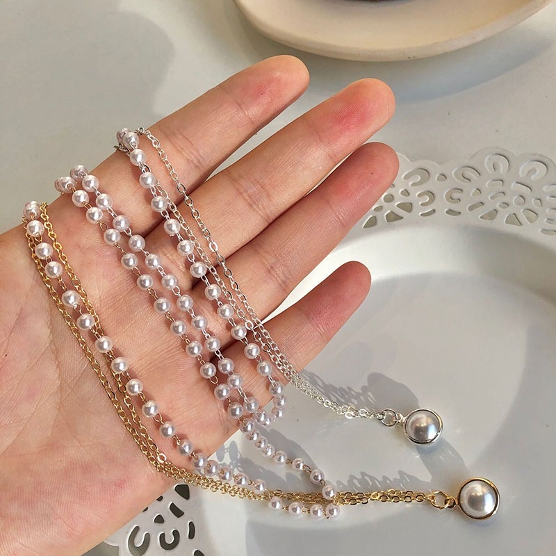 Kalung Rantai Klavikula Liontin Mutiara Ganda Warna Silver Untuk Wanita